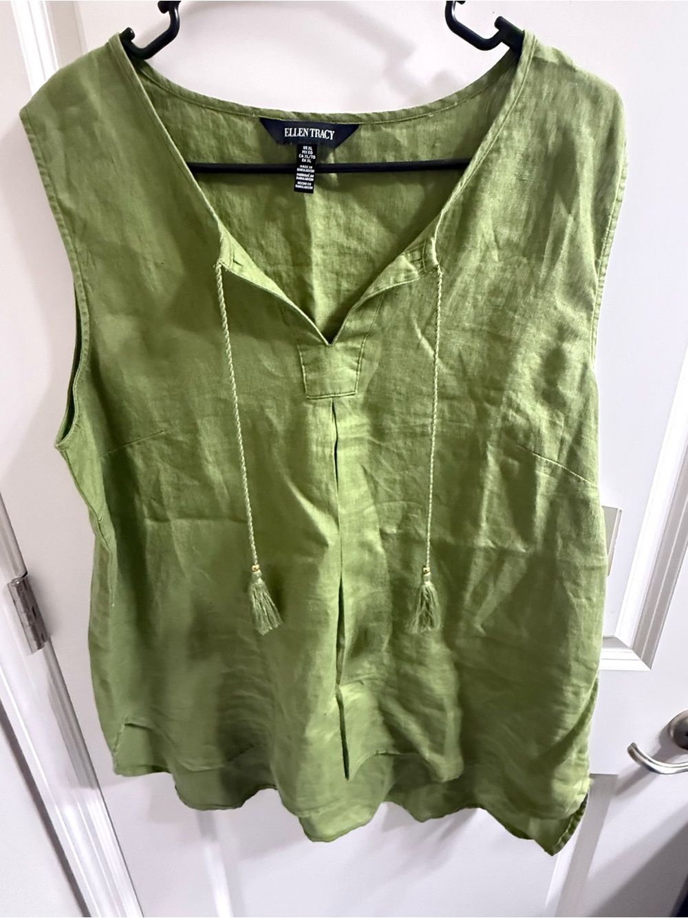 Ellen Tracy Olive Green Linen Sleeveless Tie-Front Tunic
